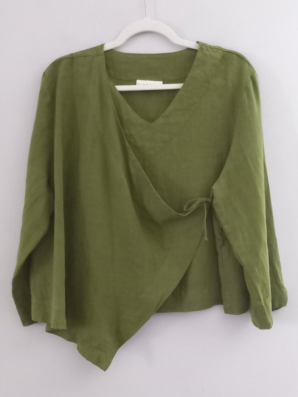 BRYN WALKER Avocado green linen asymmetrical top